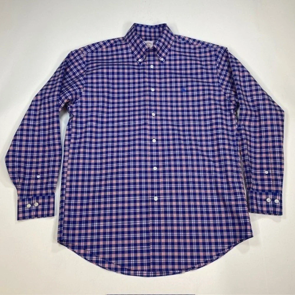 Brooks Brothers Madison Fit Shirt Mens M Blue Red Plaid Non-Iron Stretch Supima - Picture 1 of 9